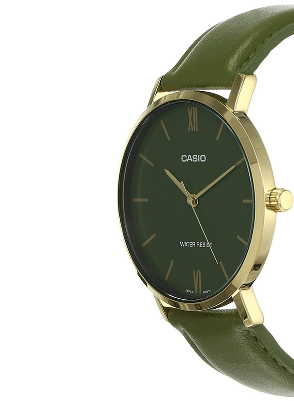 Casio Analog Watch for Men with Leather Band, Water Resistant, MTP-VT01GL-3BUDF, Green
