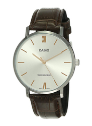 Casio Analog Watch for Men with Leather Band, Water Resistant, MTP-VT01L-7B2UDF, Brown-Silver