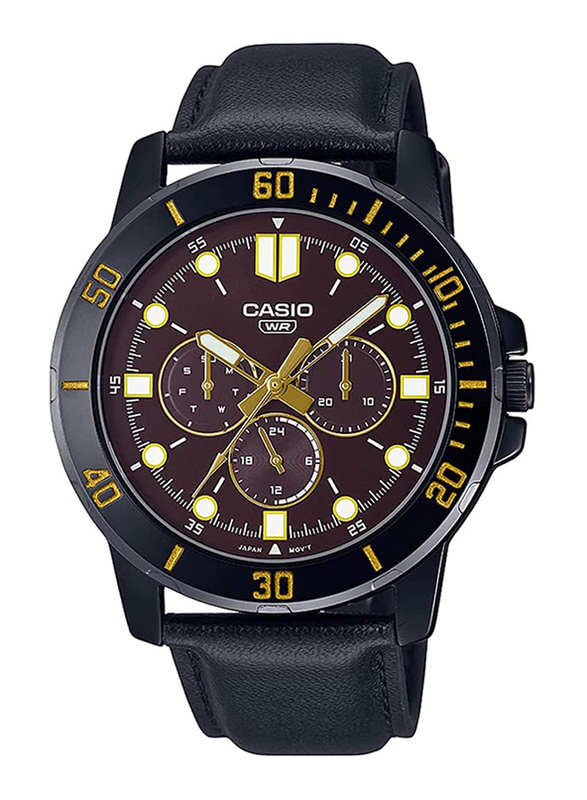 Casio Analog Japanese Quartz Watch for Men with Leather Artificial Band, Splash Resistant and Chronograph, MTP-VD300BL-5EUDF, Black-Brown