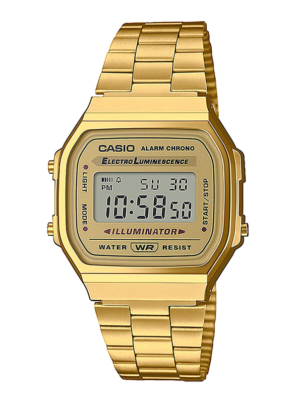 Casio Digital Quartz Unisex Watch with Stainless Steel Band, Water Resistant, A168WG-9WDF, Gold