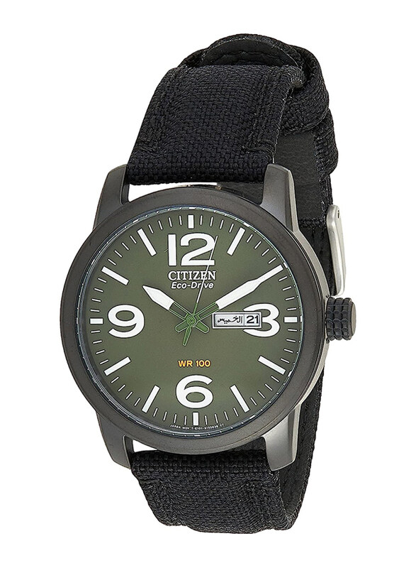 

Citizen Solar Powered Analog Watch with Date Display for Men with Nylon Strap, Water Resistant, Bm8475-00X, Black-Green