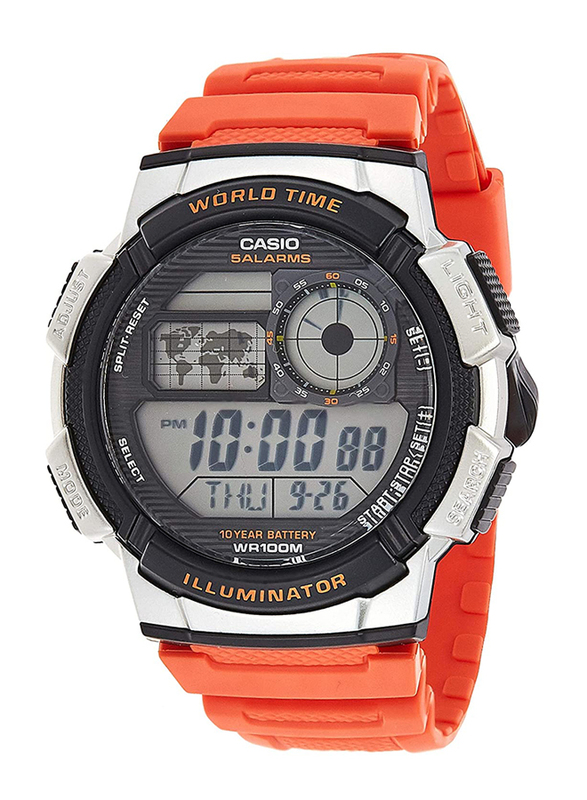 Casio Youth Digital Quartz Illuminator Sport Watch for Men with Resin Band, Water Resistant, AE-1000W-4BVDF, Orange-Black