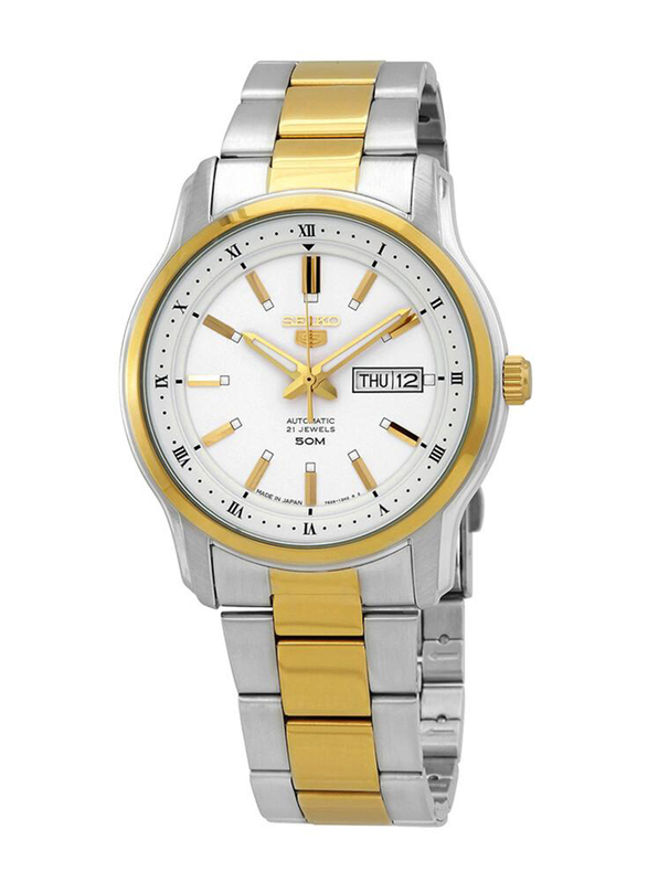 Seiko Automatic Analog Watch for Men with Stainless Steel Band, Water Resistant, SNKP14J1, Silver/Gold-White