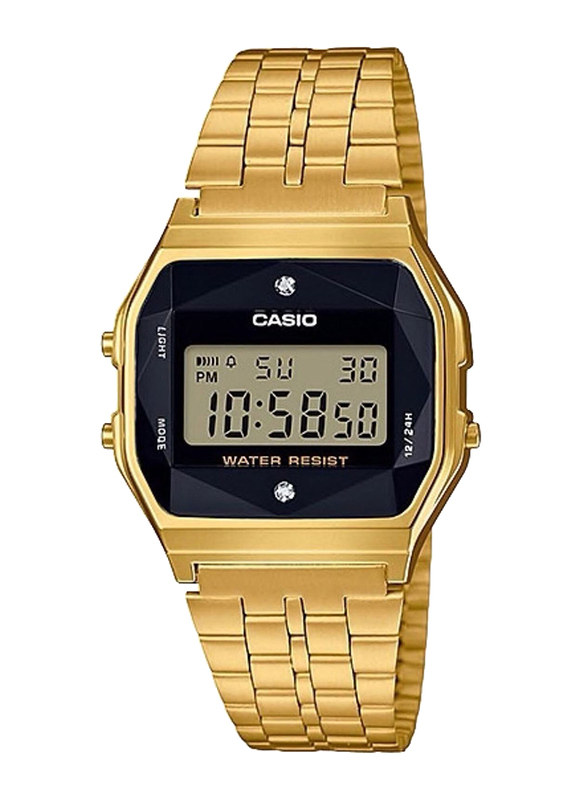 Casio Digital Watch for Men with Stainless Steel Band, Water Resistant, Encrusted with Diamonds, A159WGED-1DF, Gold-Grey