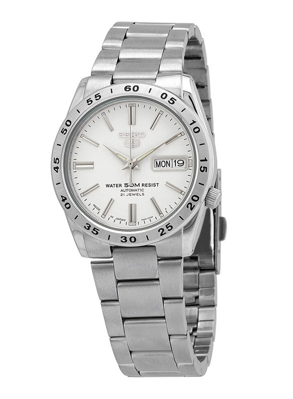 Seiko 5 Automatic Analog Watch for Men with Stainless Steel Band, Water Resistant, SNKD97J1, Silver-White