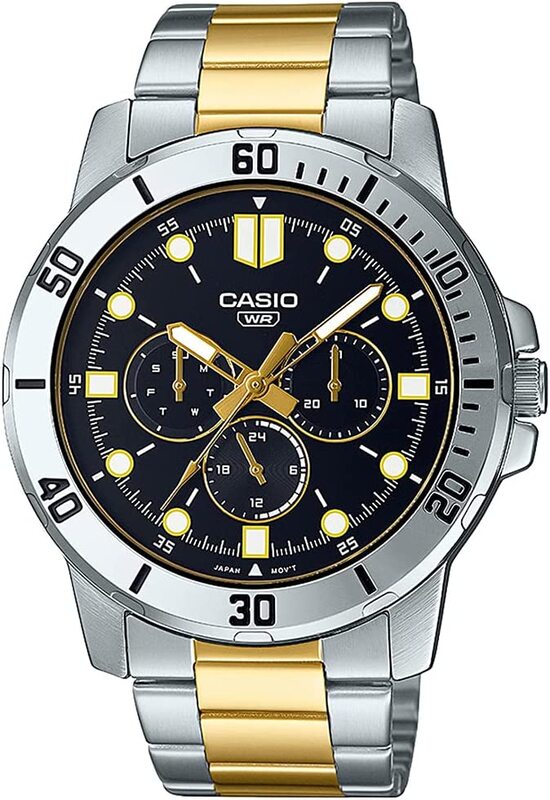 Casio Analog Watch for Men with Stainless Steel Band, Water Resistant, MTP-VD300SG-1EUDF, Black-Silver/Gold