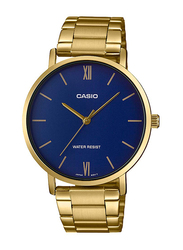 Casio Enticer Analog Watch for Men with Stainless Steel Band, Water Resistant, MTP-VT01G-2BUDF, Gold-Blue