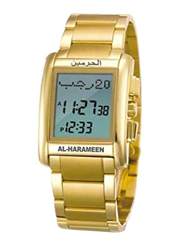 Al-Harameen Islamic Azan Digital Watch for Men with Stainless Steel Band, Water Resistant, HA-6208G, Gold-Grey