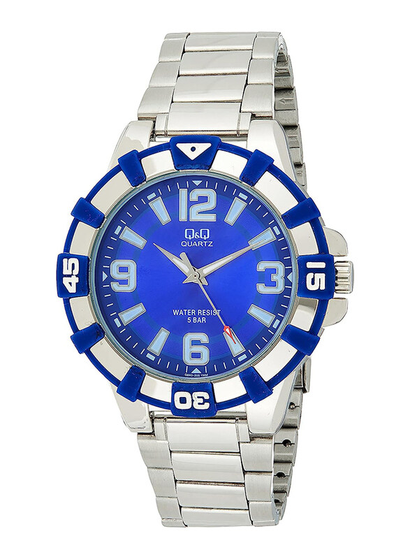 

Q&Q Analog Watch for Men with Stainless Steel Band, Water Resistant, Q840J205Y, Silver/Blue