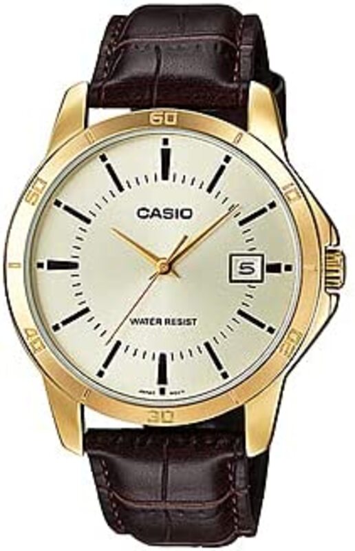 Casio Analog Watch for Men with Leather Band, Water Resistant, MTP-V004GL-9ADF, Brown-Gold