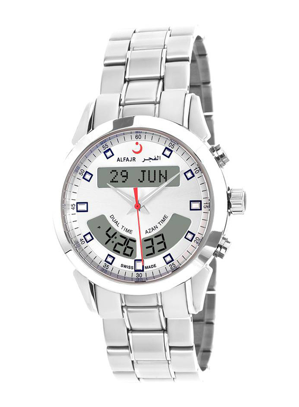 Al Fajr Swiss Deluxe Analog/Digital Watch for Men with Stainless Steel Band, Water Resistant, WA-10S, Silver-White