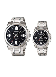 Casio His and Her Couple Analog Watch Set for Men with Stainless Steel Band, Splash Resistant, MTP/LTP-1314D-1AVDF, Silver-Black