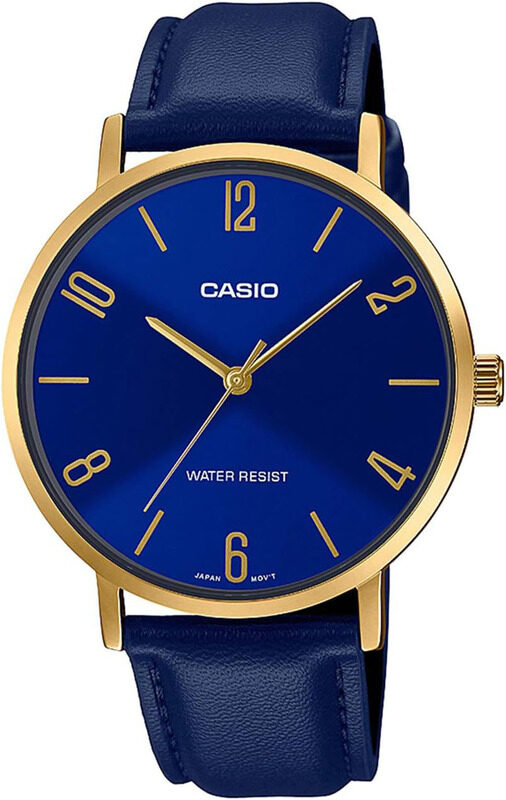 

Casio Analog Watch for Men with Leather Band, Water Resistant, MTP-VT01GL-2B2UDF, Blue-Blue