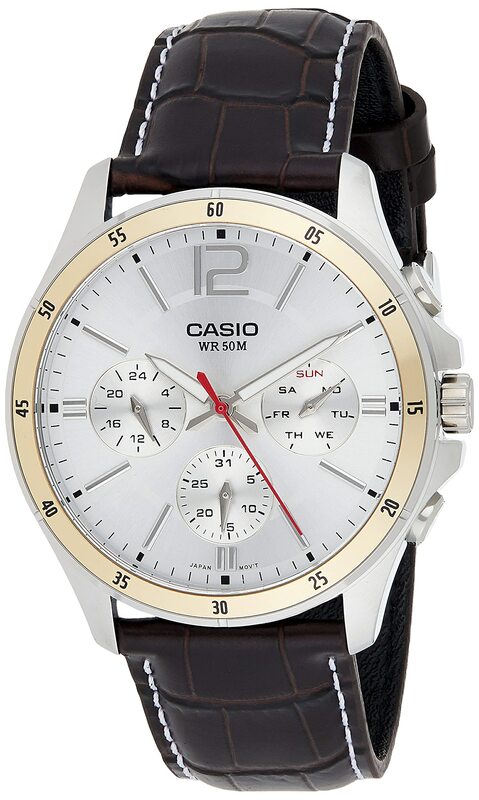 Casio Analog Watch for Men with Leather Band, Water Resistant, MTP-1374L-7AV, Silver-Black