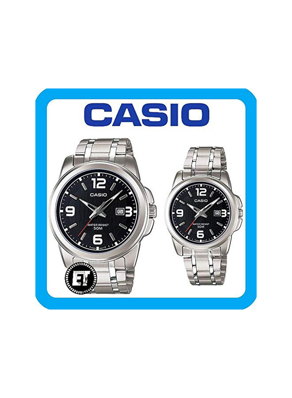 Casio His and Her Couple Analog Watch Set for Men with Stainless Steel Band, Splash Resistant, MTP/LTP-1314D-1AVDF, Silver-Black