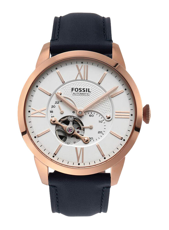 

Fossil Townsman Auto Analog Watch for Men with Leather Band, Water Resistant and Chronograph, ME3171, Navy Blue-White