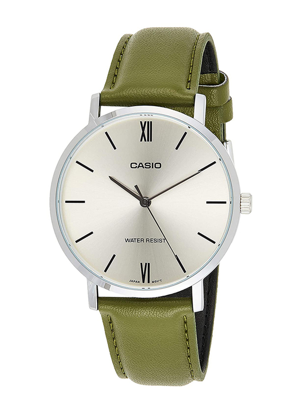 Casio Analog Watch for Men with Leather Band, Water Resistant, MTP-VT01L-3BUDF, Green-Silver