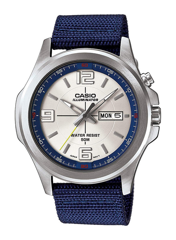 Casio Analog Japanese Quartz Watch for Men with Fabric Band, Splash Resistant, MTP-E202, Blue-Silver