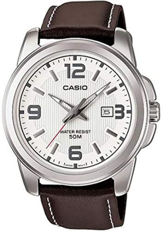 Casio Analog Watch for Men with Leather Genuine Band, Water Resistant, MTP-1314L-7AVDF, Brown-White
