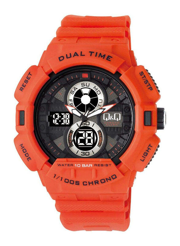 

Q&Q Analog + Digital Watch for Men with Rubber Band, Water Resistant, Gw81J005Y, Orange-Grey/Black