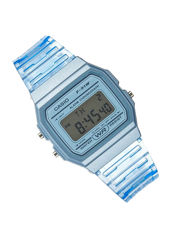 Casio Youth Digital Quartz Unisex Watch with Resin Band, Water Resistant, F-91WS-2D, Light Blue-Grey