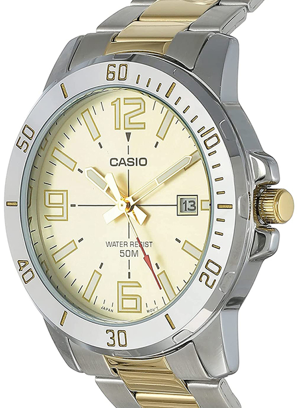 Casio Analog Watch for Men with Stainless Steel Band, Water Resistant, MTP-VD01SG-9BVUDF, Silver/Gold-Yellow