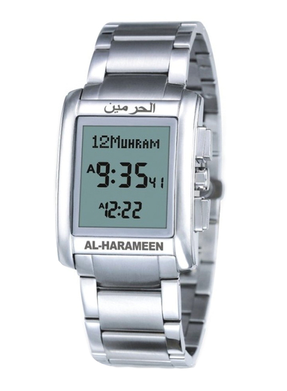 Al-Harameen Azan Digital Watch for Men with Stainless Steel Band, Water Resistant, HA6208, Silver-Grey