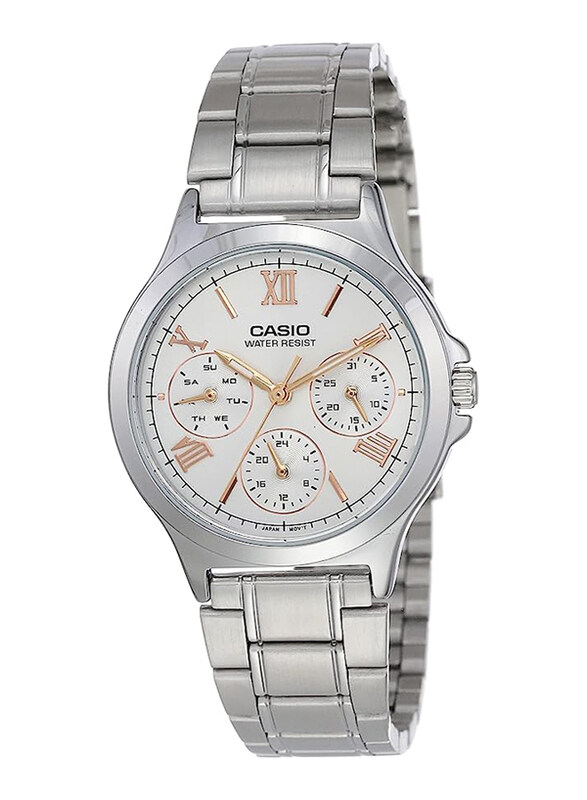 

Casio Analog Watch for Women with Stainless Steel Band, Water Resistant, LTP-V300D-7A2UDF, Silver/White