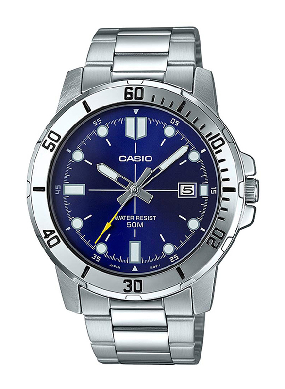 Casio Enticer Analog Watch for Men with Stainless Steel Band, Water Resistant, MTP-VD01D-2EVUDF, Silver-Blue