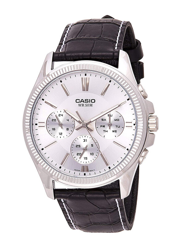 

Casio Analog Watch for Men with Leather Band, Water Resistant and Chronograph, MTP-1375L-7AVDF, Black-Silver