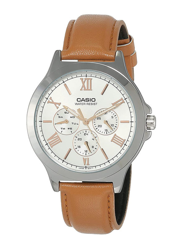 Casio Analog Watch for Men with Leather Band, Water Resistant and Chronograph, MTP-V300L-7A2UDF, Brown-White