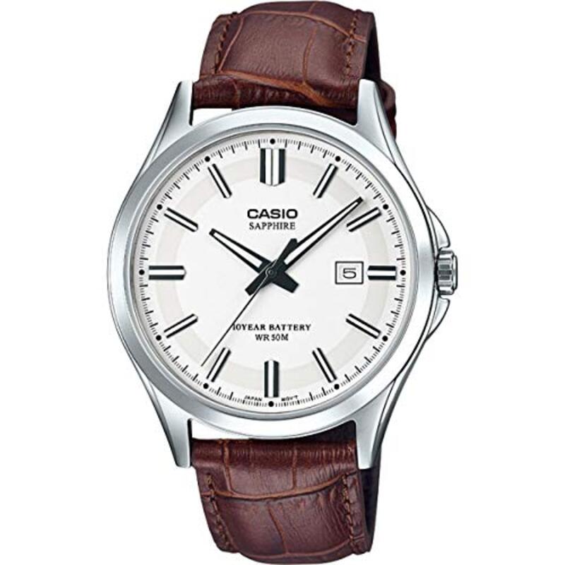 Casio Analog Watch for Men with Leather Genuine Band, MTS-100L-7AVEF, Brown-White