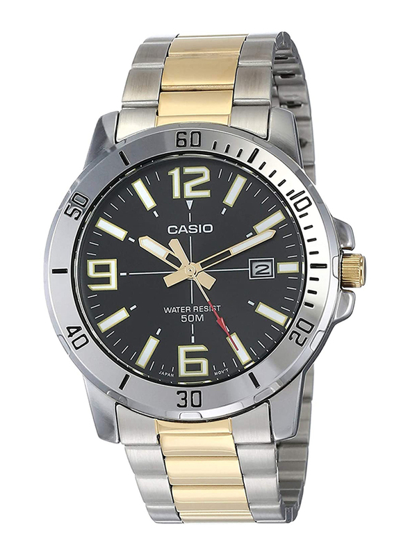 Casio Analog Watch for Men with Stainless Steel Band, Water Resistant, MTP-VD01SG-1BVUDF, Silver/Gold-Black