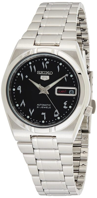 Seiko Analog Watch for Men with Stainless Steel Band, Water Resistant, SNK063J5, Black-Silver