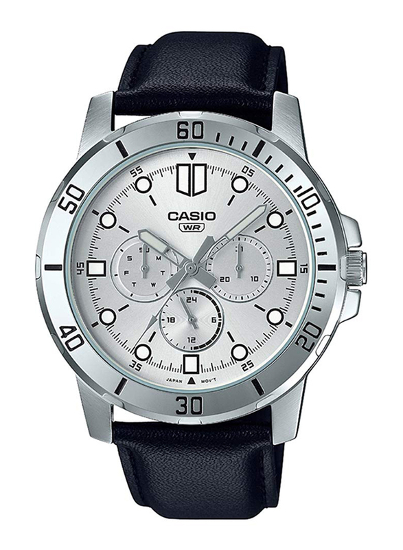 Casio Enticer Analog Watch for Men with Leather Band, Water Resistant and Chronograph, MTP-VD300L-7EUDF, Black-Silver