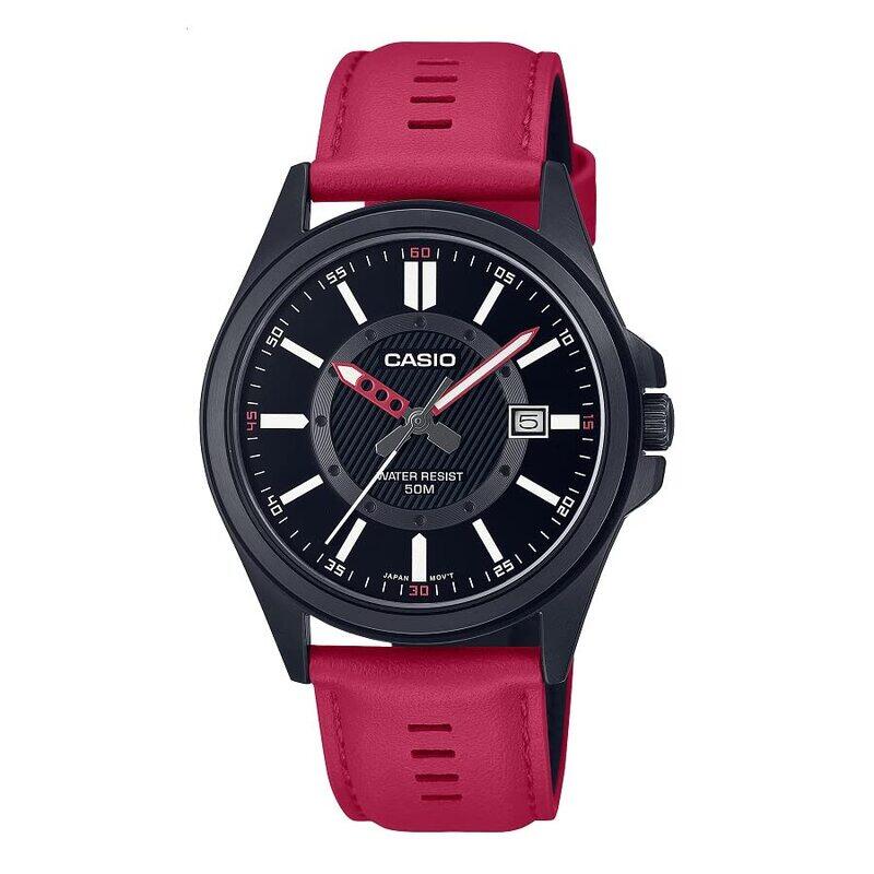 

Casio Analog Watch for Men with Genuine Leather Band, Water Resistant, MTP-E700BL-1EVDF, Red/Black