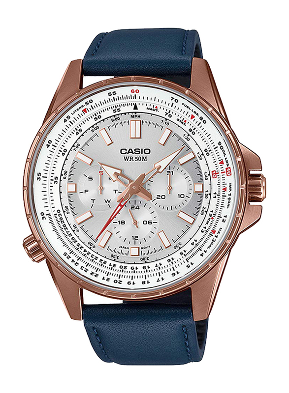 Casio Analog Quartz Watch for Men with Leather Band, Water Resistant and Chronograph, MTP-SW320RL-7AVDF, Blue-Silver