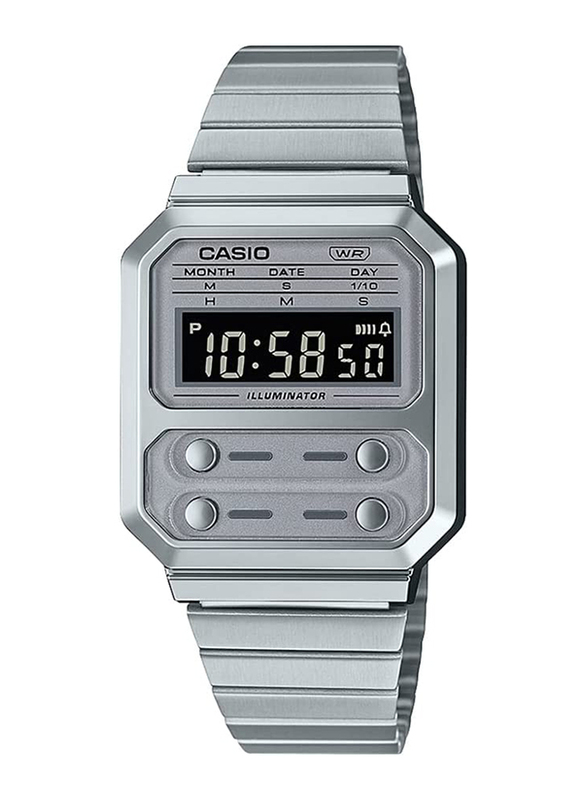 Casio Digital Unisex Watch with Stainless Steel Band, Water Resistant, A100WE-7BDF, Silver