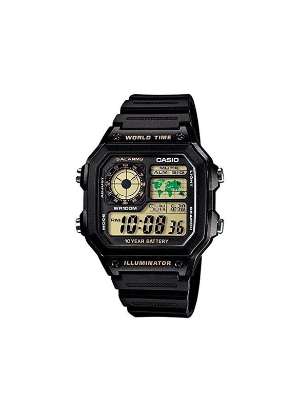 Casio Illuminator Digital Watch for Men with Plastic Band, Water Resistant, AE-1200WH-1BVDF, Black-Grey