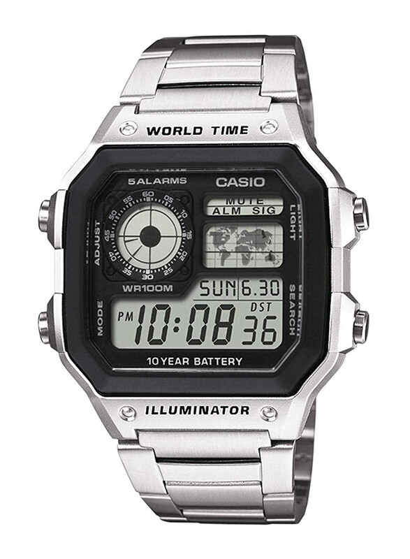 

Casio Casual Digital Unisex Watch with Stainless Steel Band, AE-1200WHD-1AVE, Silver-Black