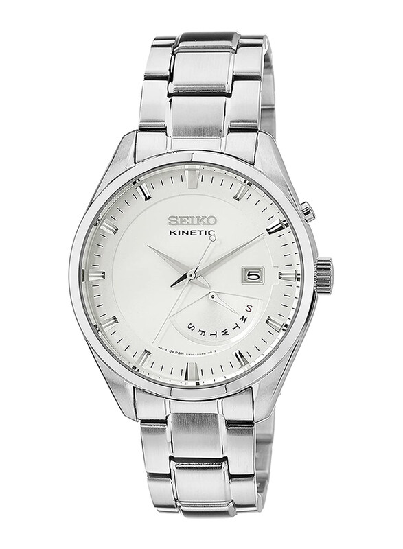 

Seiko Kinetic Analog Watch for Men with Stainless Steel Band, Water Resistant, SRN043P1, Silver-White