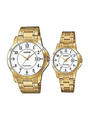Casio Analog Couple Unisex Watch Set with Stainless Steel Band, Water Resistant, MTP/LTP-V004G-7B, Gold-White