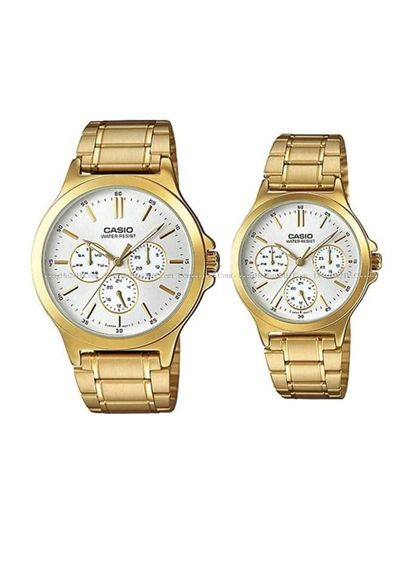 Casio Analog Watch for Unisex with Stainless Steel Band, Water Resistant and Chronograph, MTP/LTP-V300G-7AUDF, White/Gold
