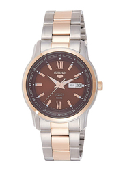 Seiko Automatic Analog Watch for Men with Stainless Steel Band, Water Resistant, SNKP18J1, Silver/Rose Gold-Brown
