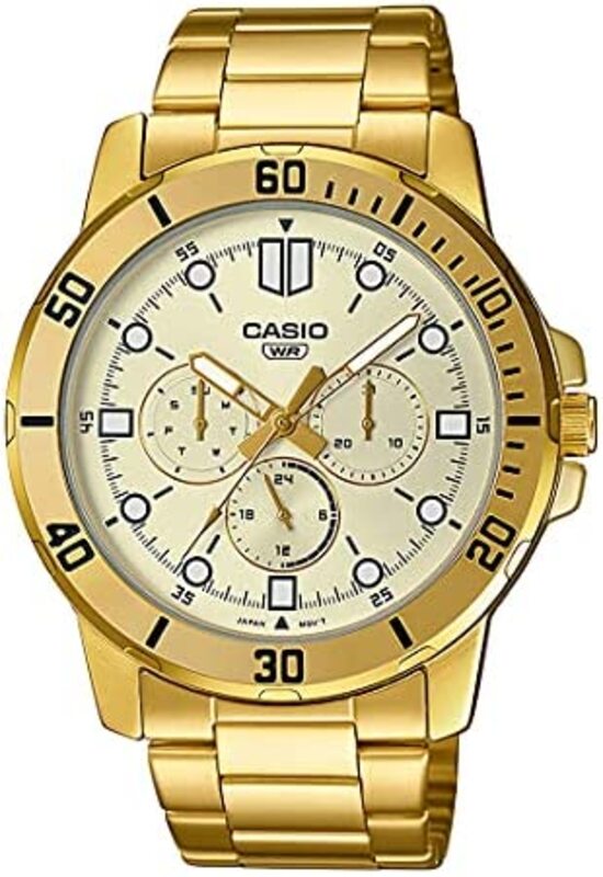 Casio Analog Watch for Men with Stainless Steel Band, Water Resistant, MTP-VD300G-9EUDF, Gold-White