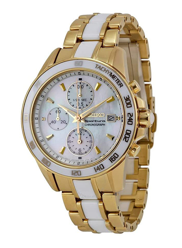 Seiko Two Tone Analog Watch for Women with Stainless Steel Band, Water Resistant and Chronograph, SNDX02P1, White/Gold-Ceramic White