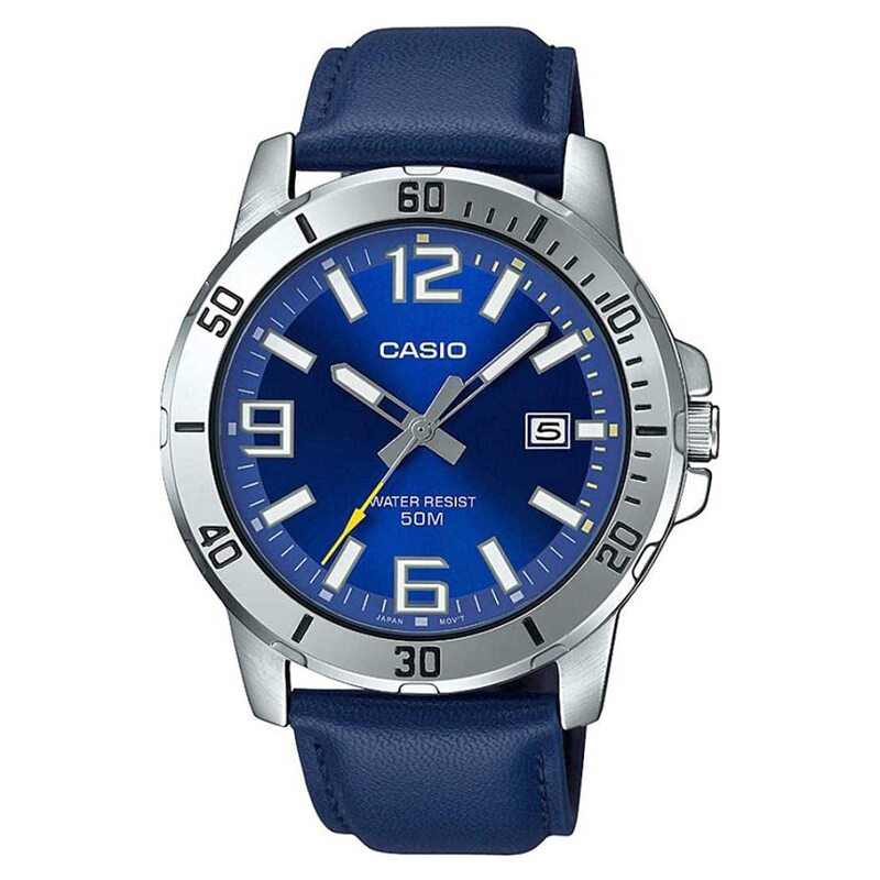 Casio Analog Watch for Men with Leather Band, Water Resistant, MTP-VD01L-2BVUDF-1, Blue-Blue