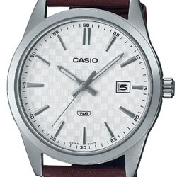 Casio Analog Watch for Men with Leather Band, Water Resistant, MTP-VD03L-5AUDF, White-Brown