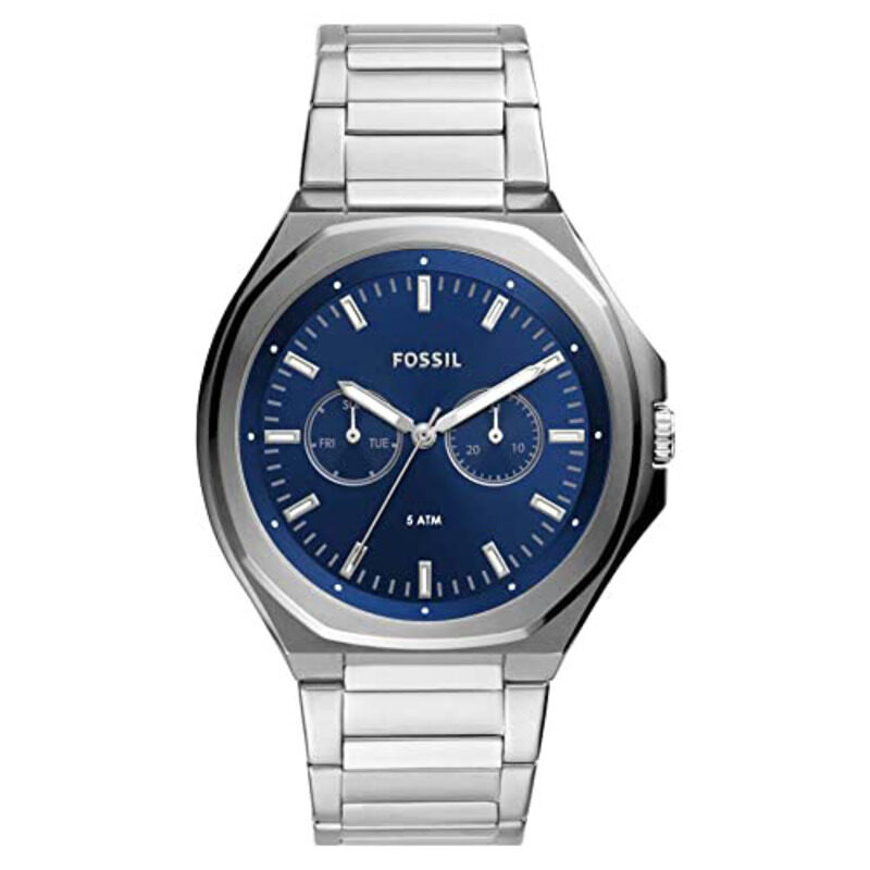 

Fossil Evanston Multifunction Analog Watch for Men with Stainless Steel Band and Water Resistant, BQ2610, Silver-Blue