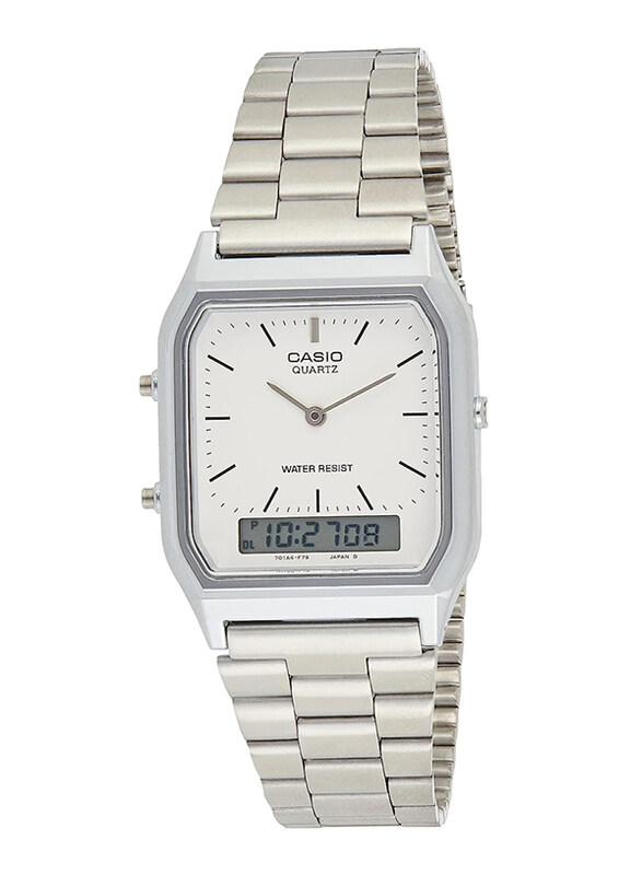 

Casio Quartz Analog + Digital Watch for Unisex with Stainless Steel Band, Water Resistant with Chronograph, AQ-230A-7DMQ, Silver-White